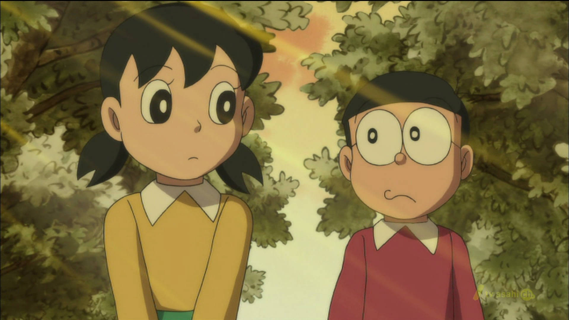 Shizuka Doraemon E Nobita Passeggiano Nella Foresta Sfondo