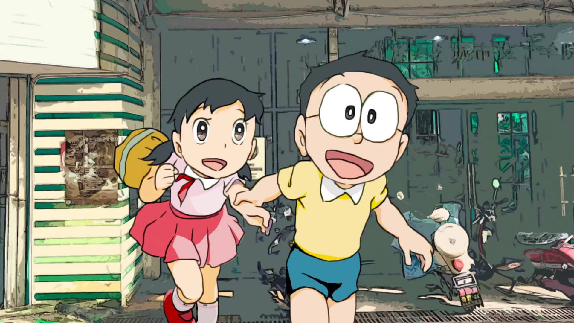 Shizuka Doraemon And Nobita Running Away Background