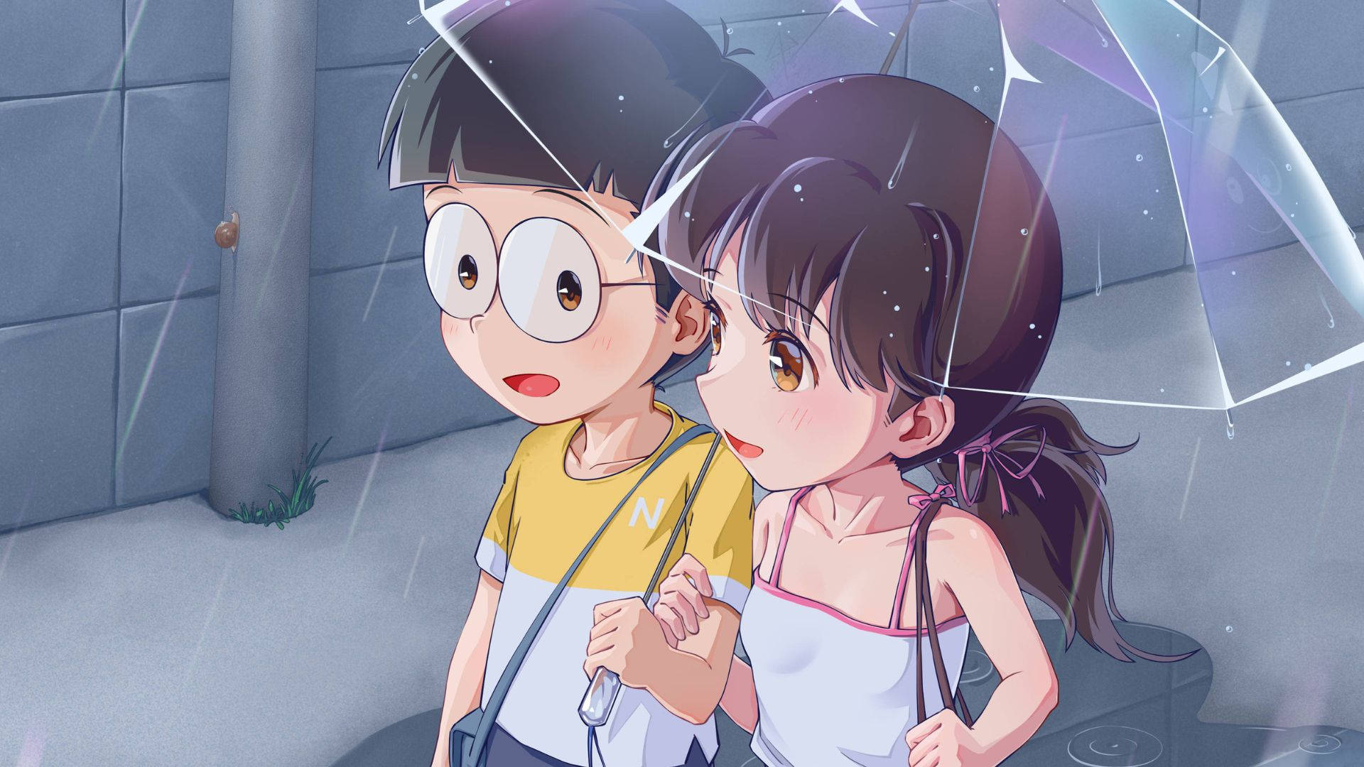 Shizuka,doraemon E Nobita Debaixo Do Guarda-chuva. Papel de Parede