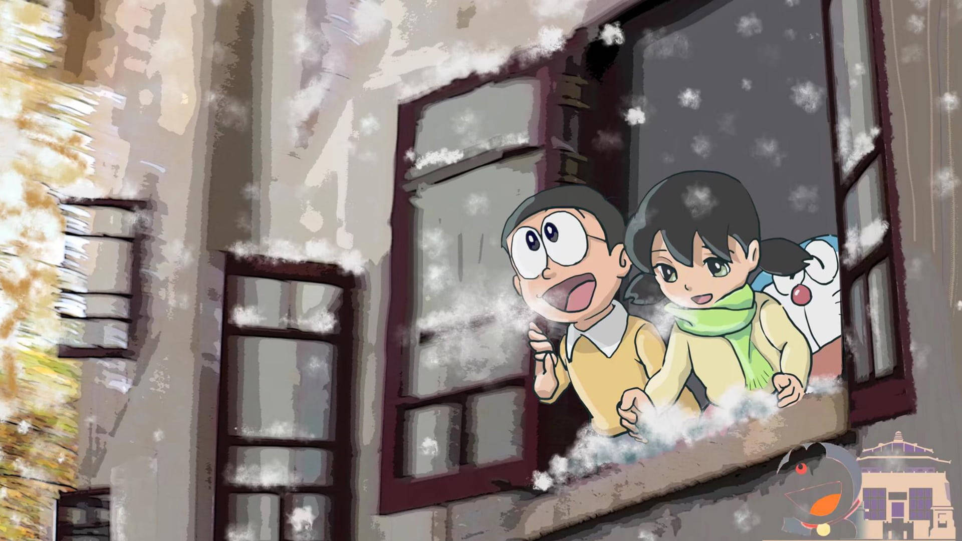 Shizuka Doraemon Nobita Snow Window Wallpaper