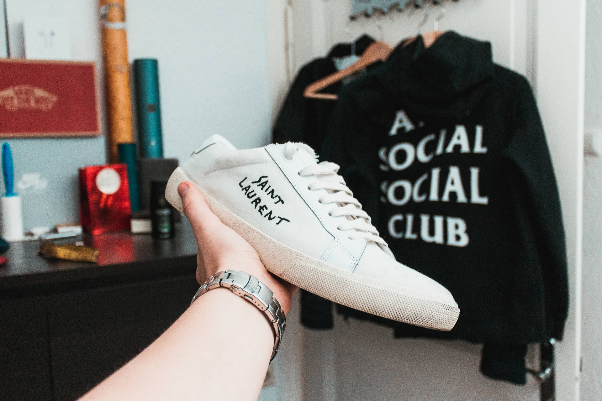 Fashion forward with Anti Social Social Club Hoodie and Cool Sneakers Wallpaper