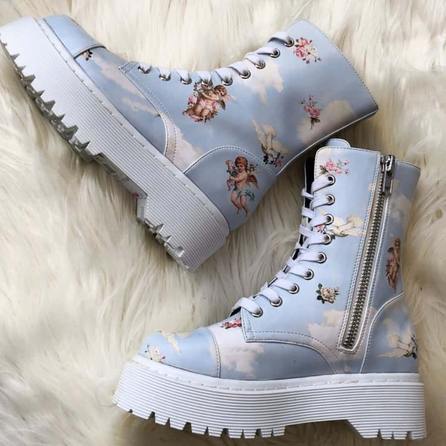 A Pair Of Blue Boots With Floral Prints On Them