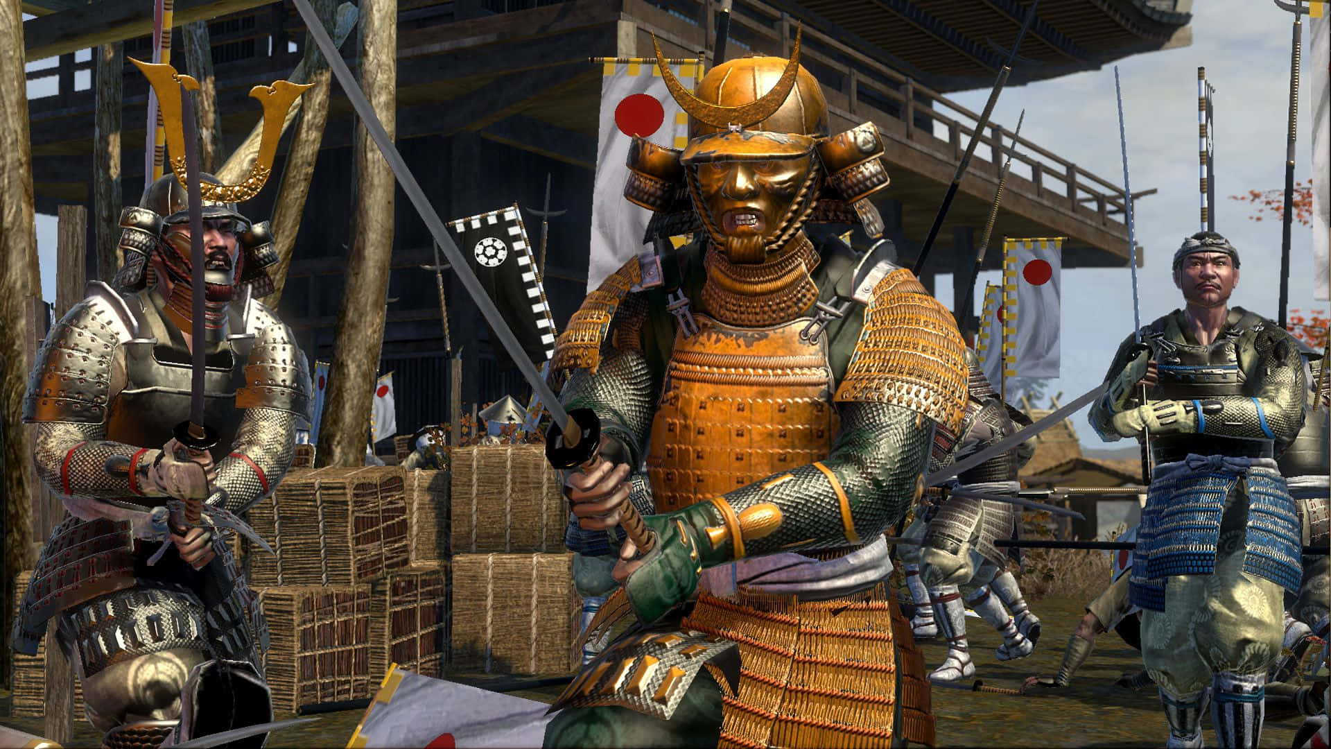 Samurai warrior in armor on a battlefield Wallpaper
