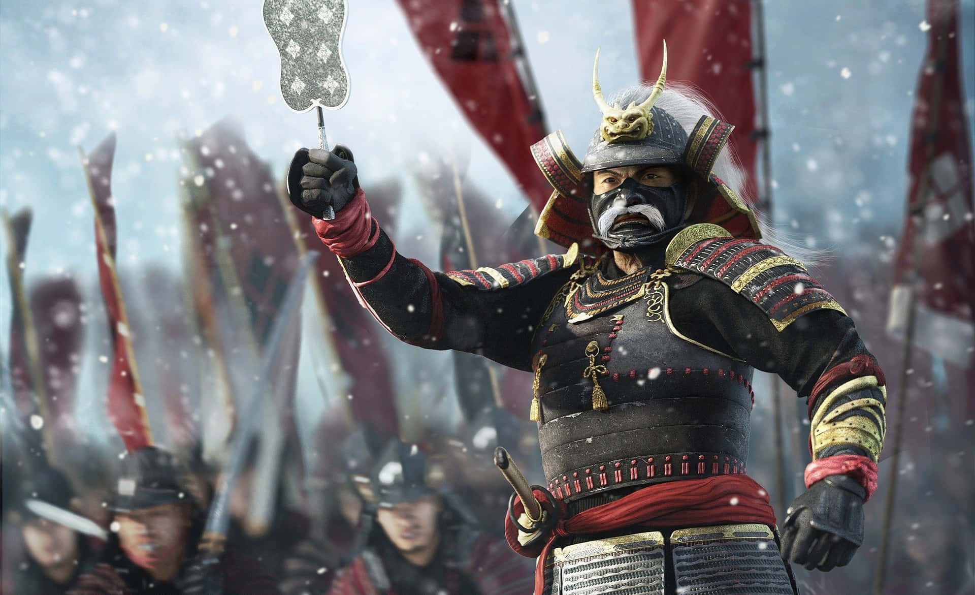 A fierce samurai warrior in traditional Japanese armor Wallpaper