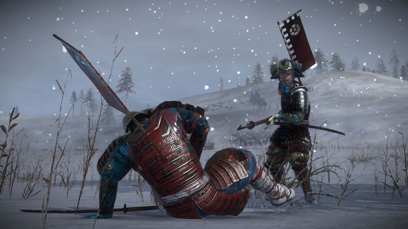 En mand kæmper med et sværd i sneen. Wallpaper