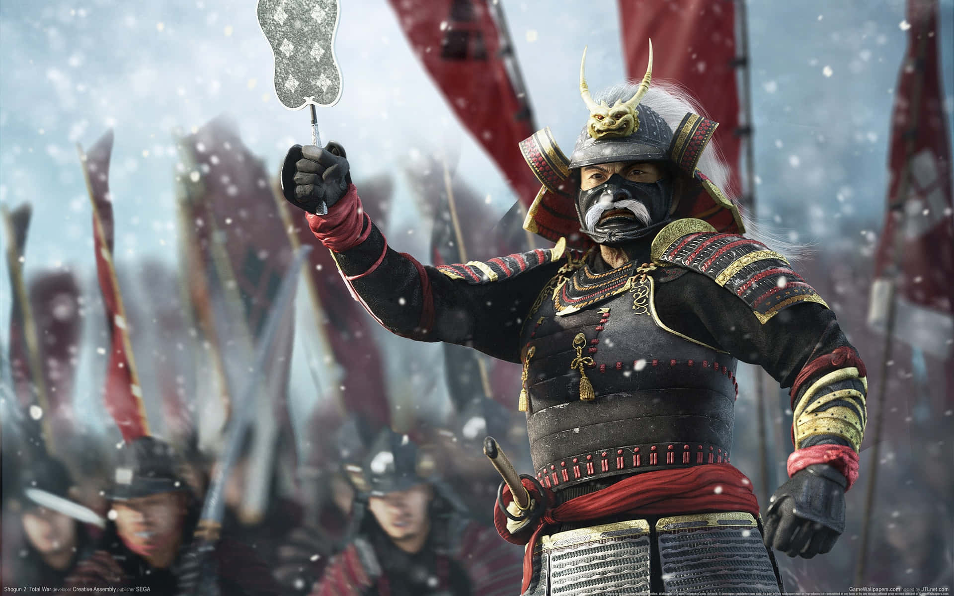 En samuraikriger holder et flag i sneen. Wallpaper
