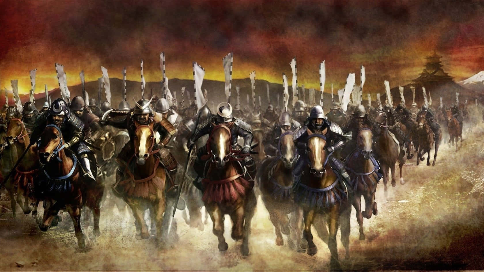 A Painting Of Men Riding Horses In A Desert Wallpaper