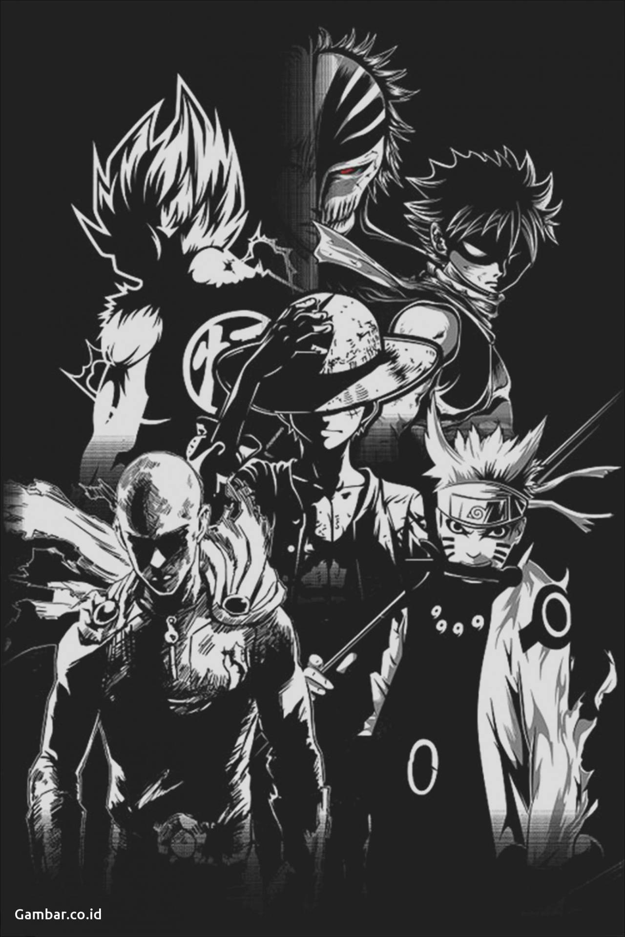 Shonen helte og Luffy sort og hvid collage tapet Wallpaper