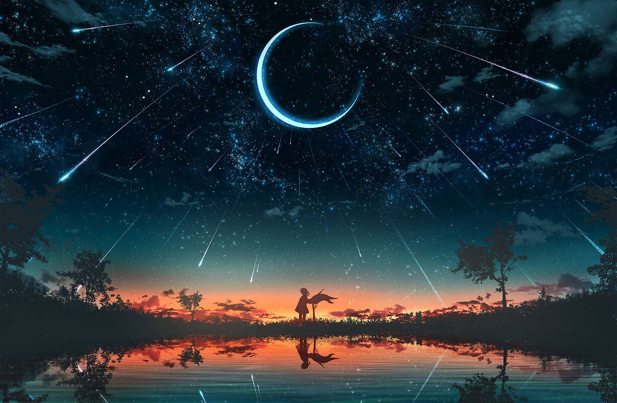 Shooting Stars And Crescent Moon Wallpaper
