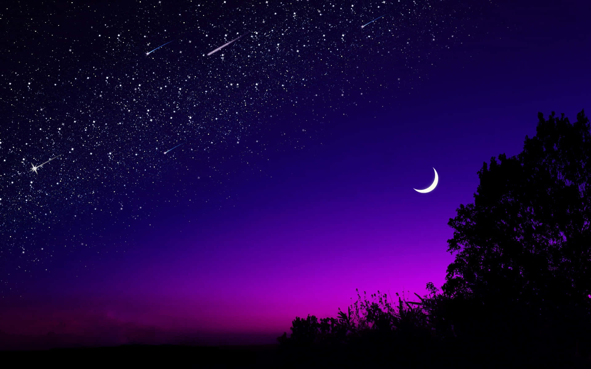Shooting Stars Crescent Night Sky Moon Wallpaper