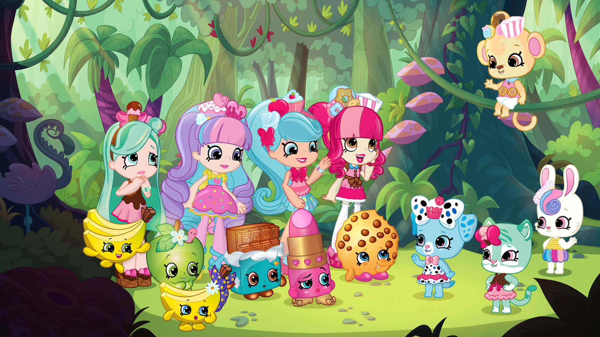 A colorful assortment of Shopkins characters set against a pastel background