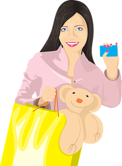 Shopping Girl With Teddy Bear And Card Illustration PNG