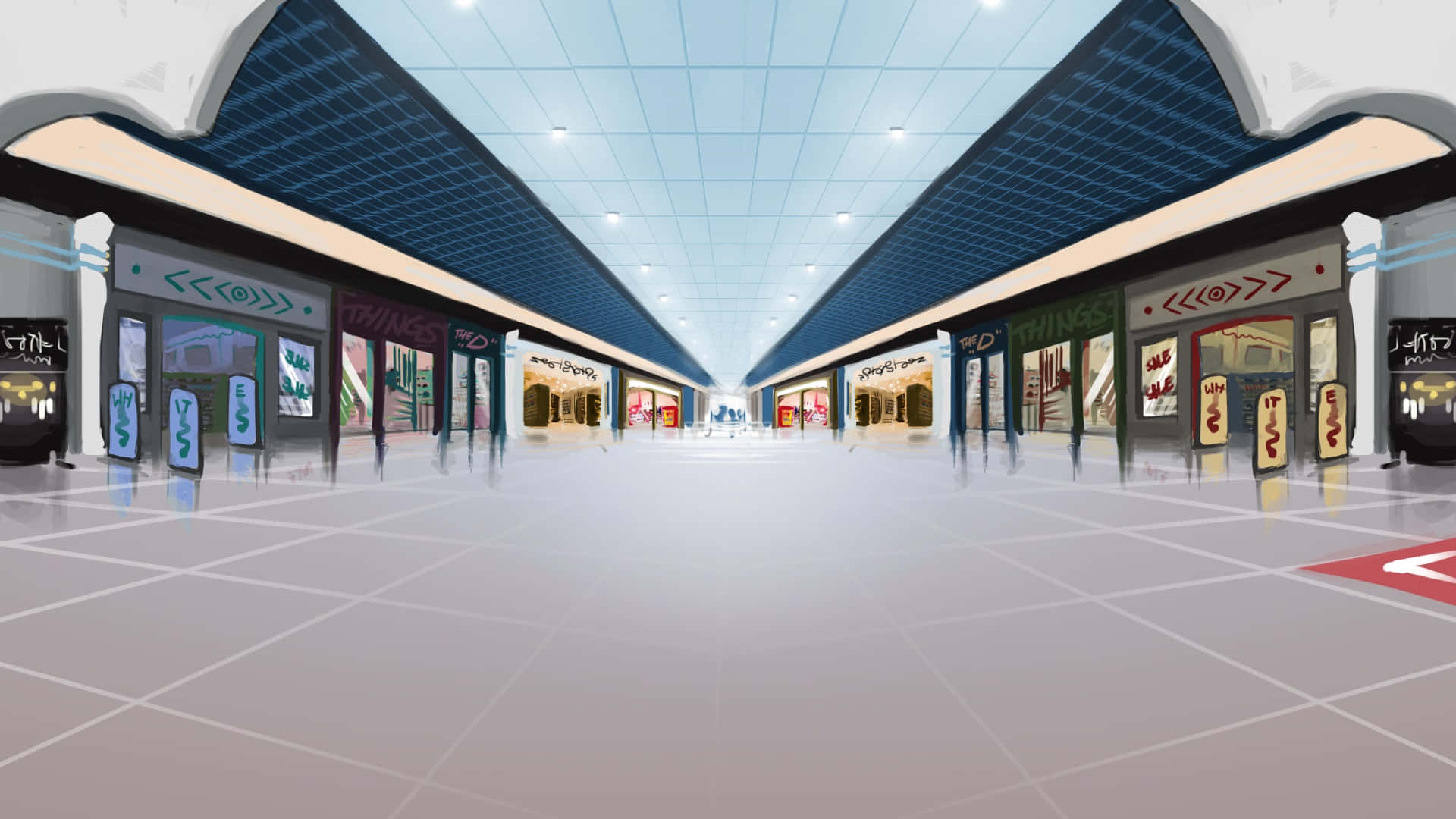 Modern shopping mall interior with vibrant lights and people