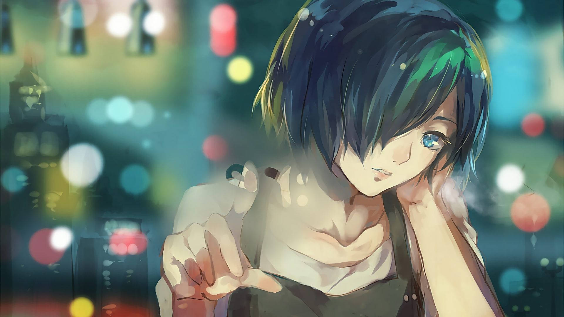 Anime Girl with short black hair touching a window glass wallpaper