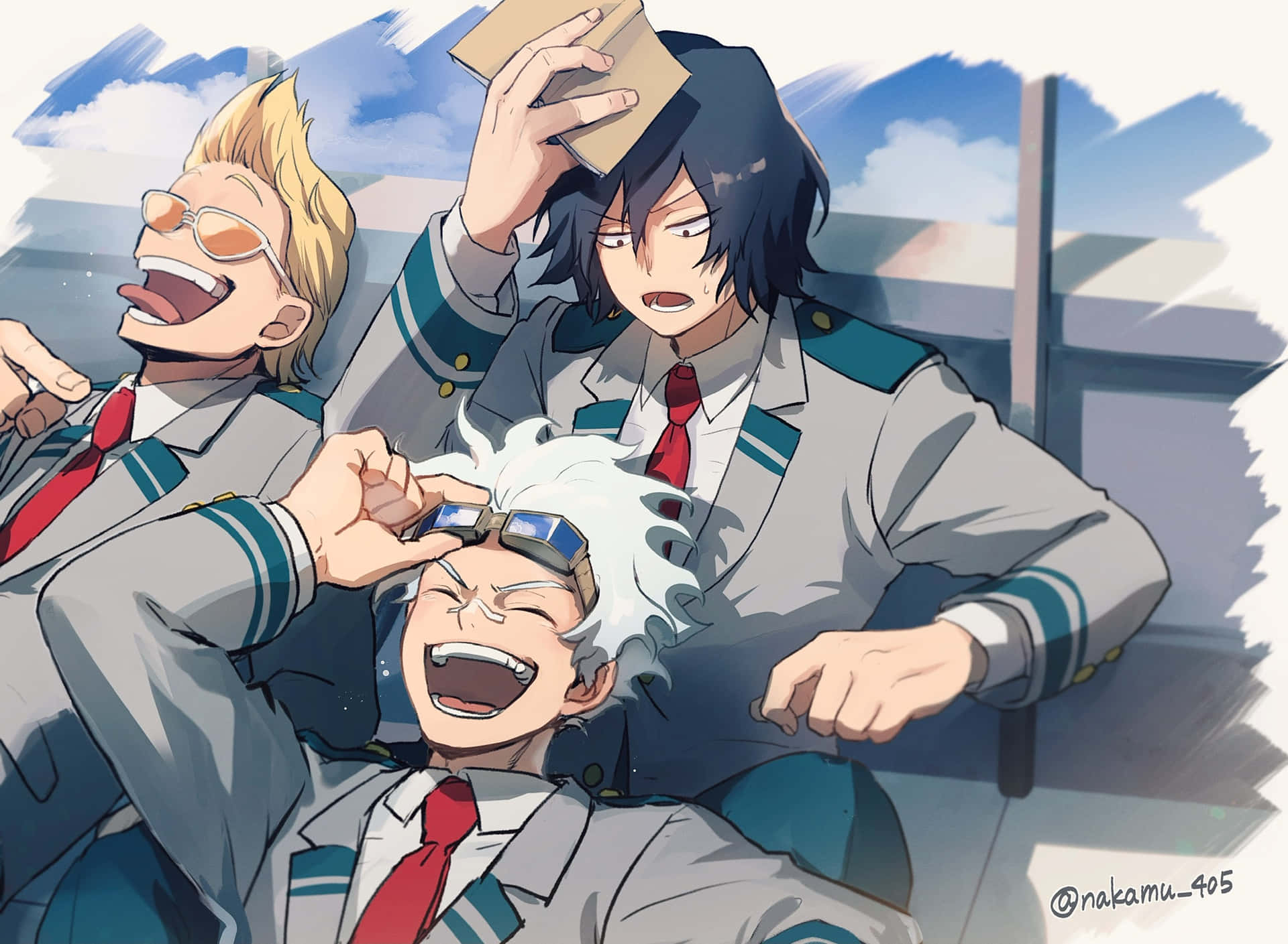 Trepersonaggi Di Anime Sono Seduti Su Un Autobus. Sfondo