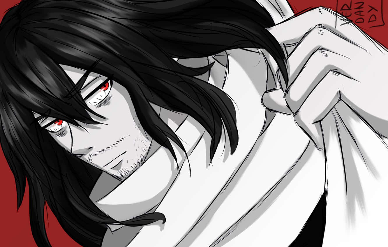 En sort og hvid anime karakter med røde øjne. Wallpaper