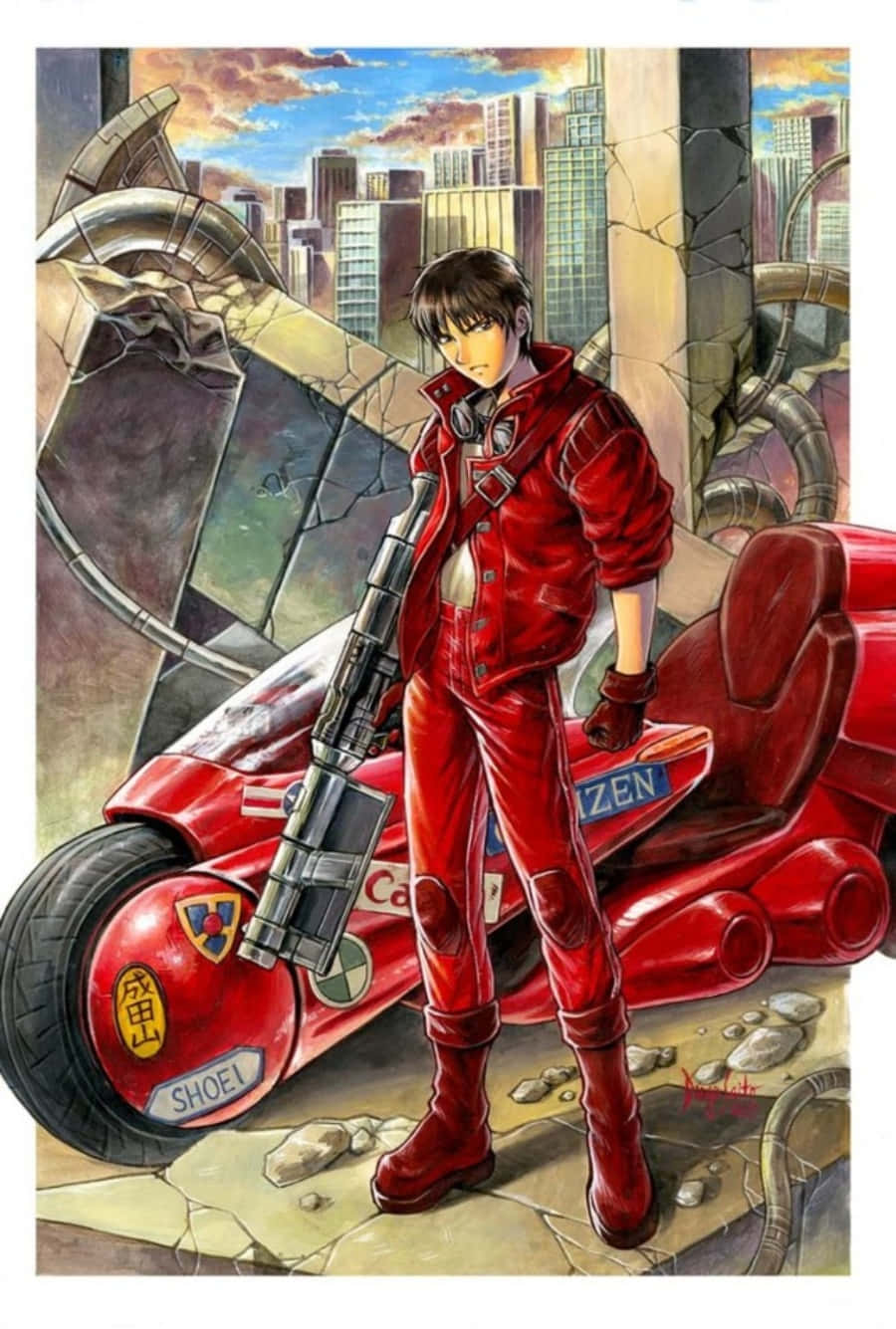 Shotaro Kaneda Riding His Motorcycle In Neo Tokyo Wallpaper