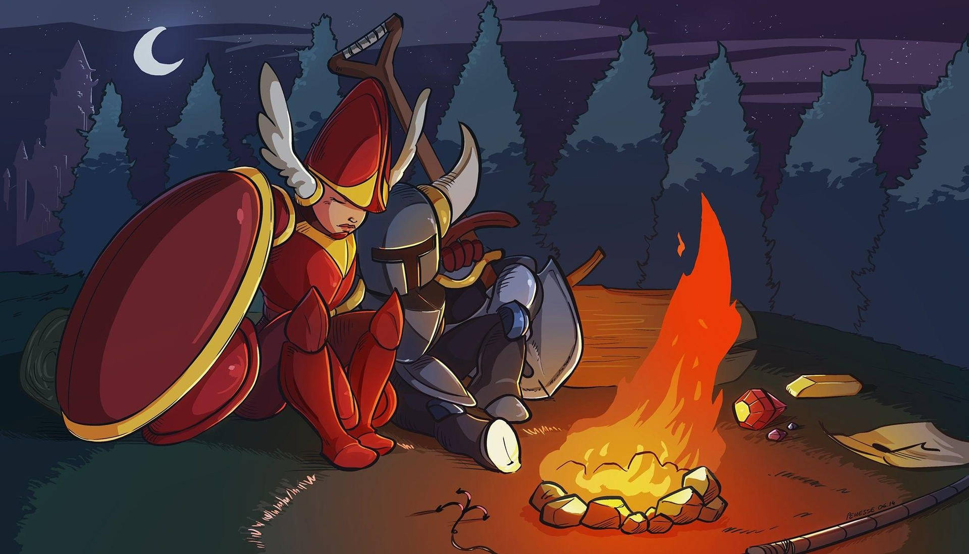 Shovel Knight And Shield Knight Campfire Wallpaper