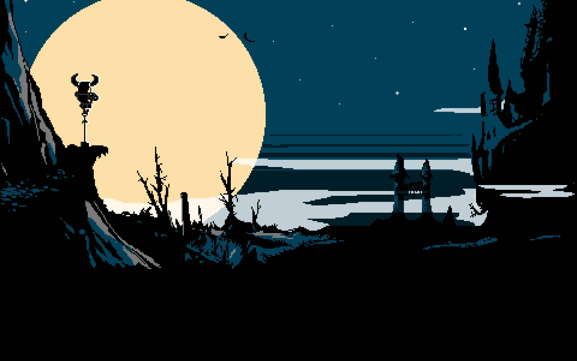 Shovel Knight gazing at the moon in a serene night landscape Wallpaper
