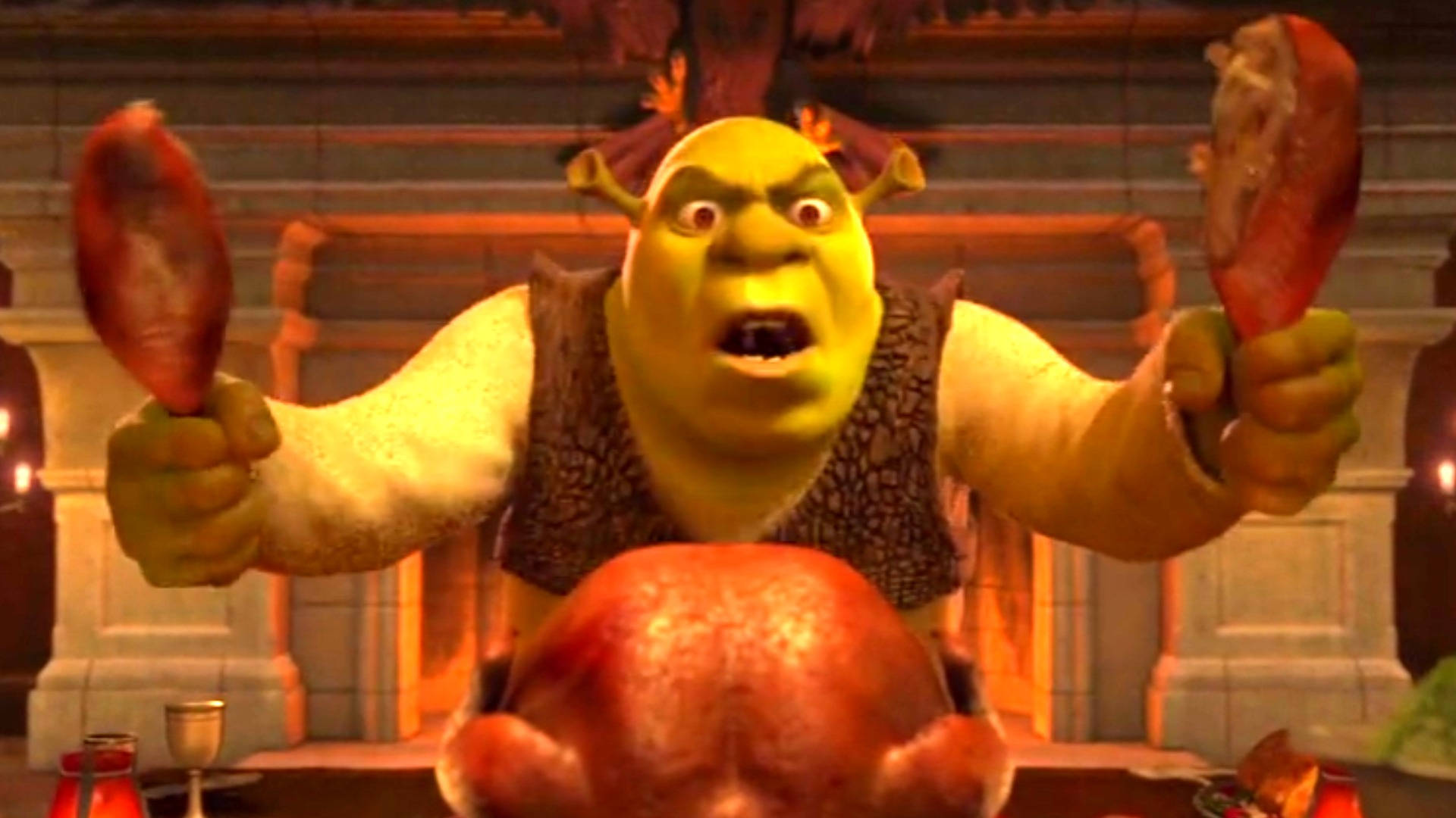 Shrek2 Håller Kycklingben Som Bakgrundsbild Till Datorn Eller Mobilen. Wallpaper