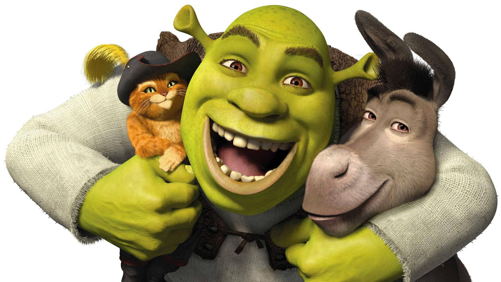 Download Shrek 2 Hugging Puss And Donkey Wallpaper 