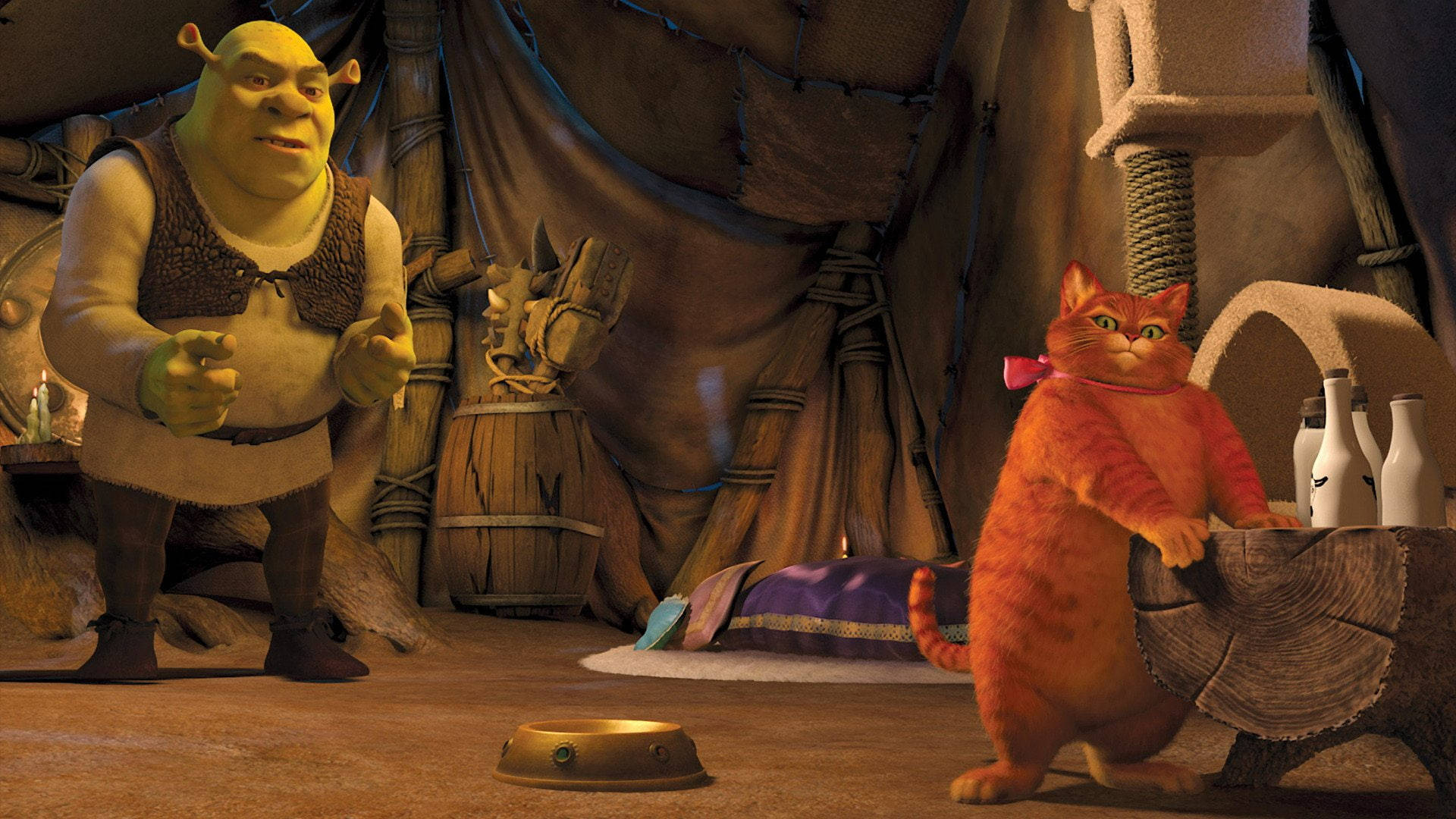 Shrekpara Siempre Después De Enfrentarse Con El Gato Con Botas. Fondo de pantalla