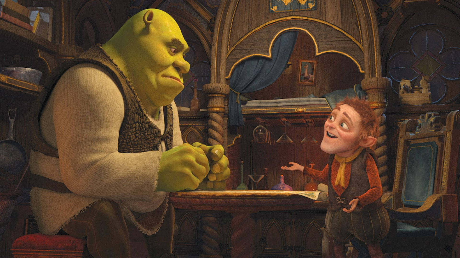 Shrekför Alltid Shrek Pratar Med Rumpelstiltskin Wallpaper