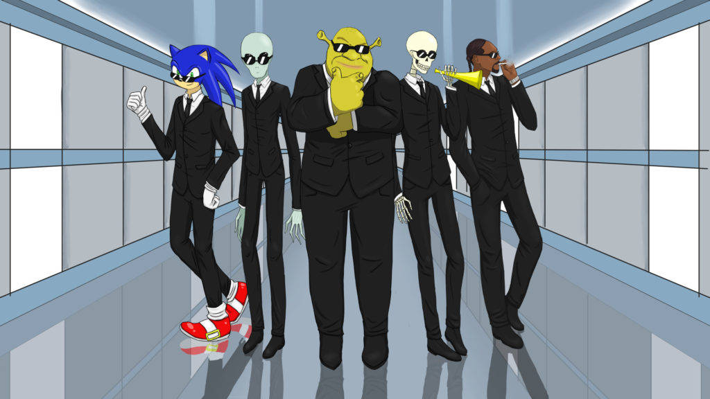 Shrek, Sonic, Skeleton, And Alien In Black Meme Wallpaper