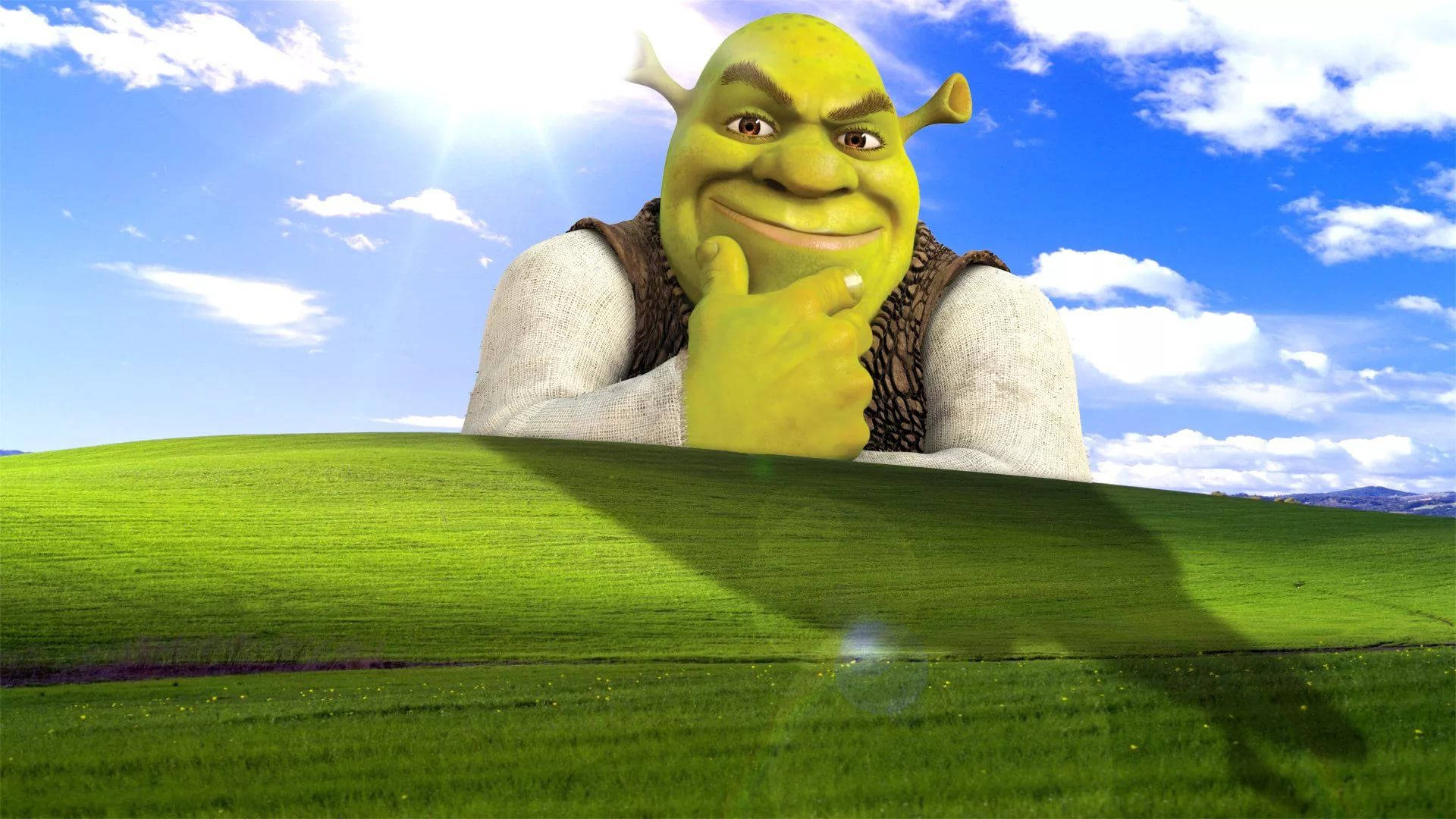 Shrek showing a cool guy posture in windows XP desktop background, funny meme.