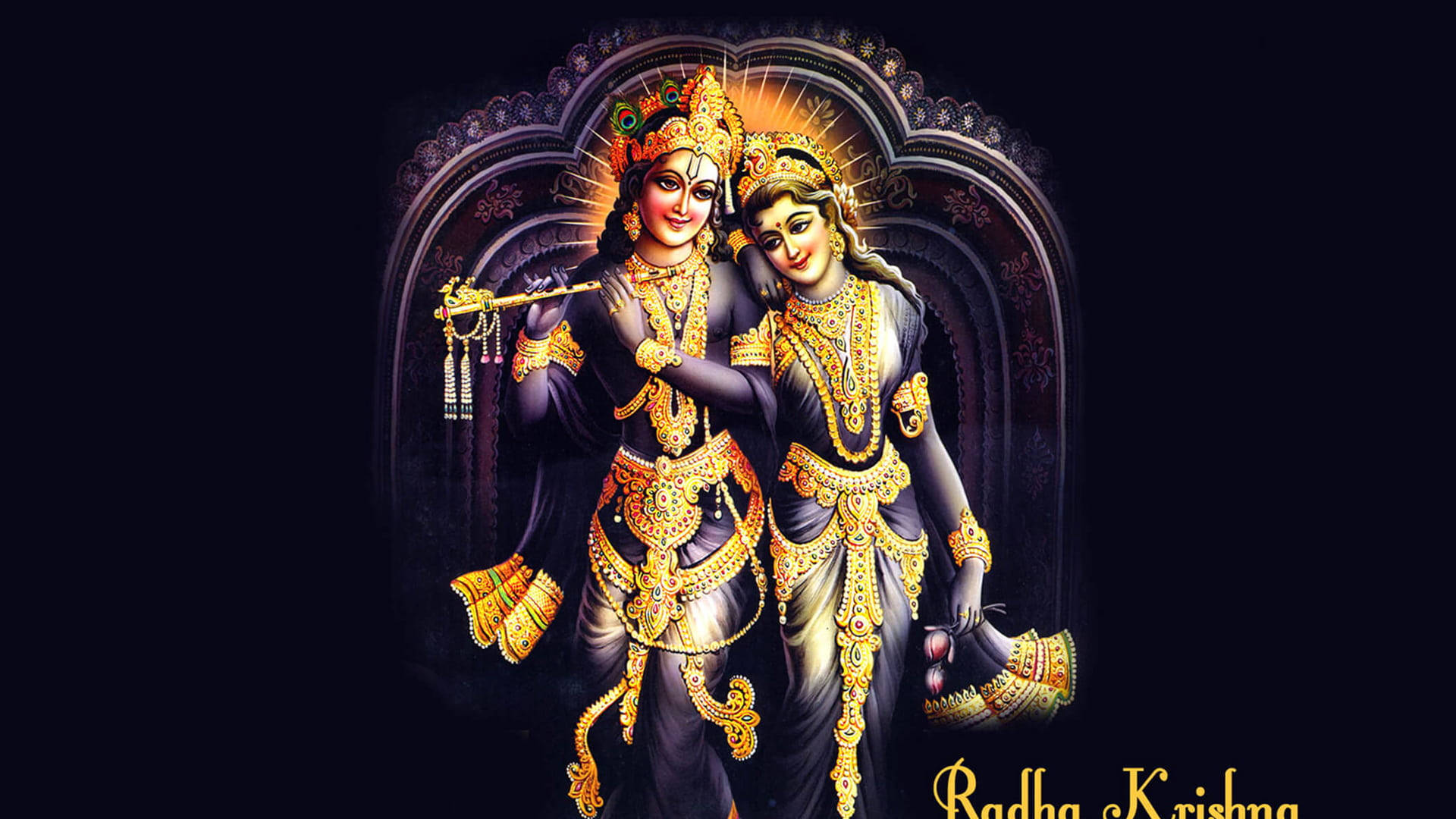 Shri Krishna And Radha Golden Accessories Wallpaper