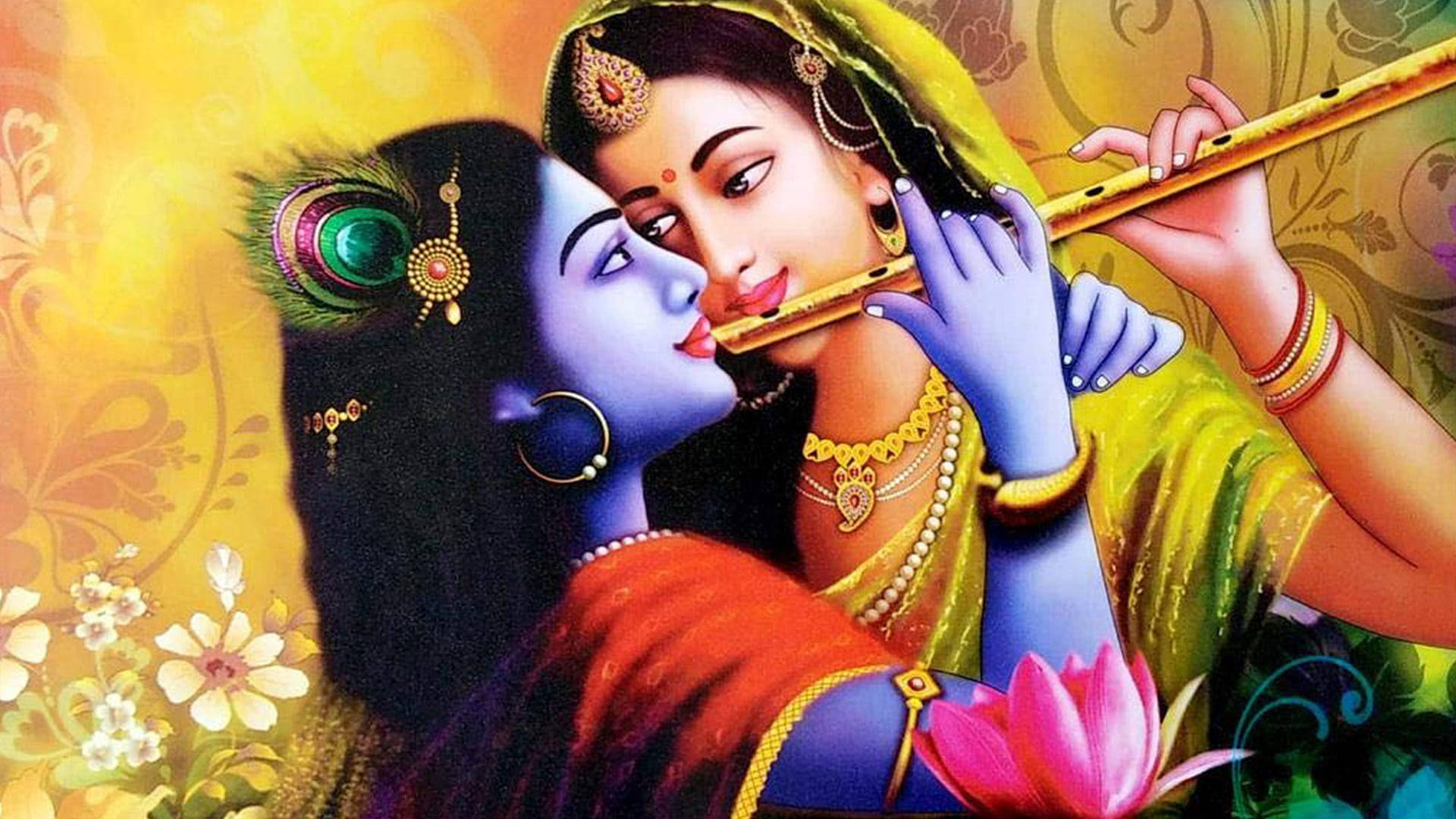 Shri Krishna og Radha intim Bansuri Artfuld Wallpaper Wallpaper