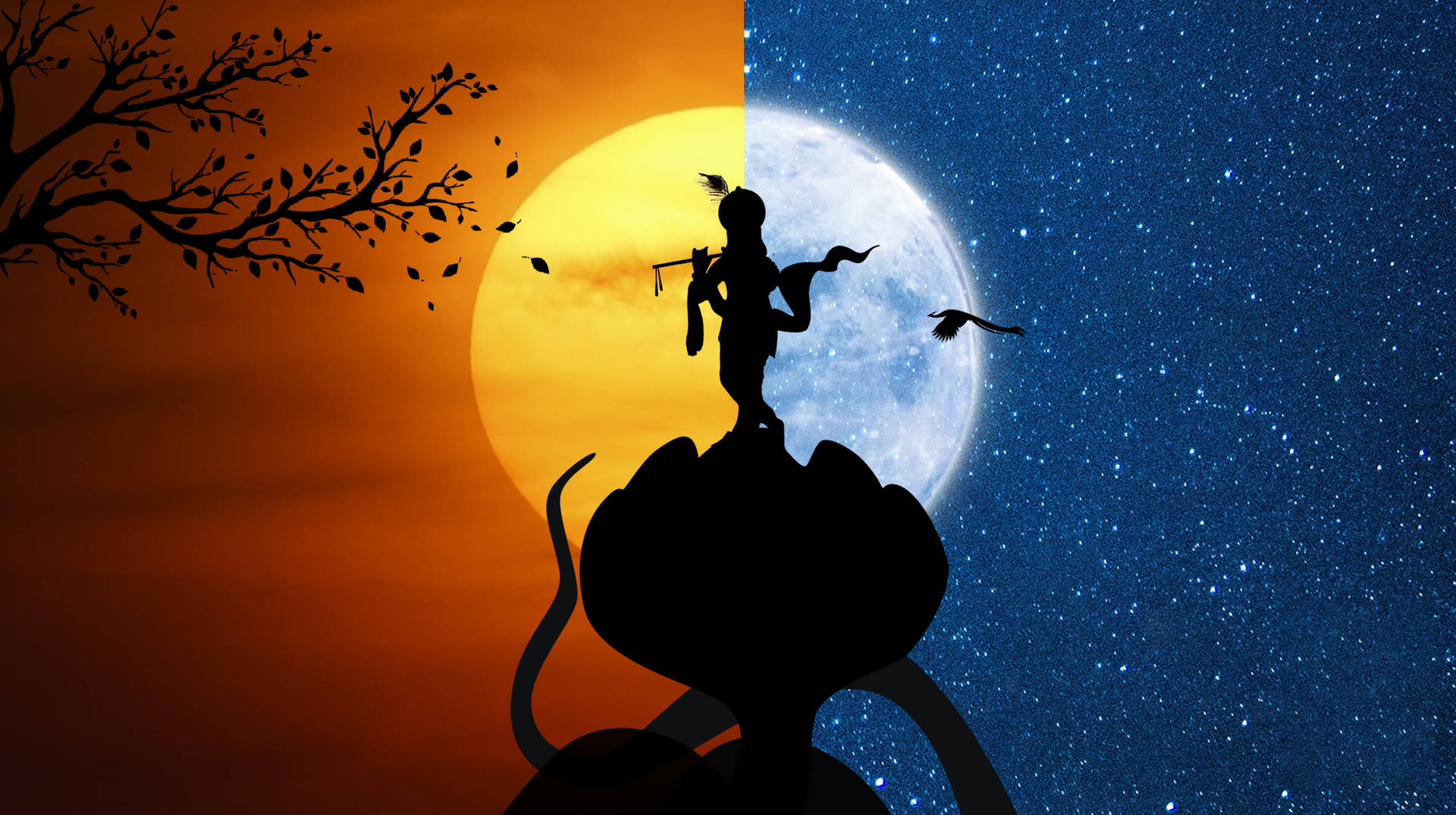 Shri Krishna Day And Night Silhouette Wallpaper