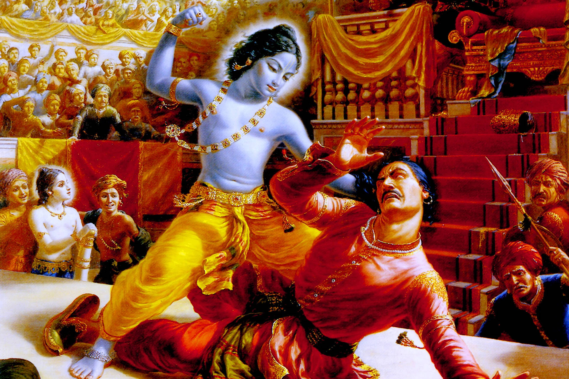 Shri Krishna kæmper med Kamsa. Wallpaper