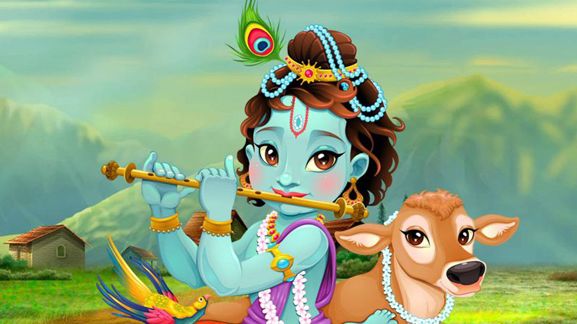 Shri Krishna With Brown Goat Wallpaper