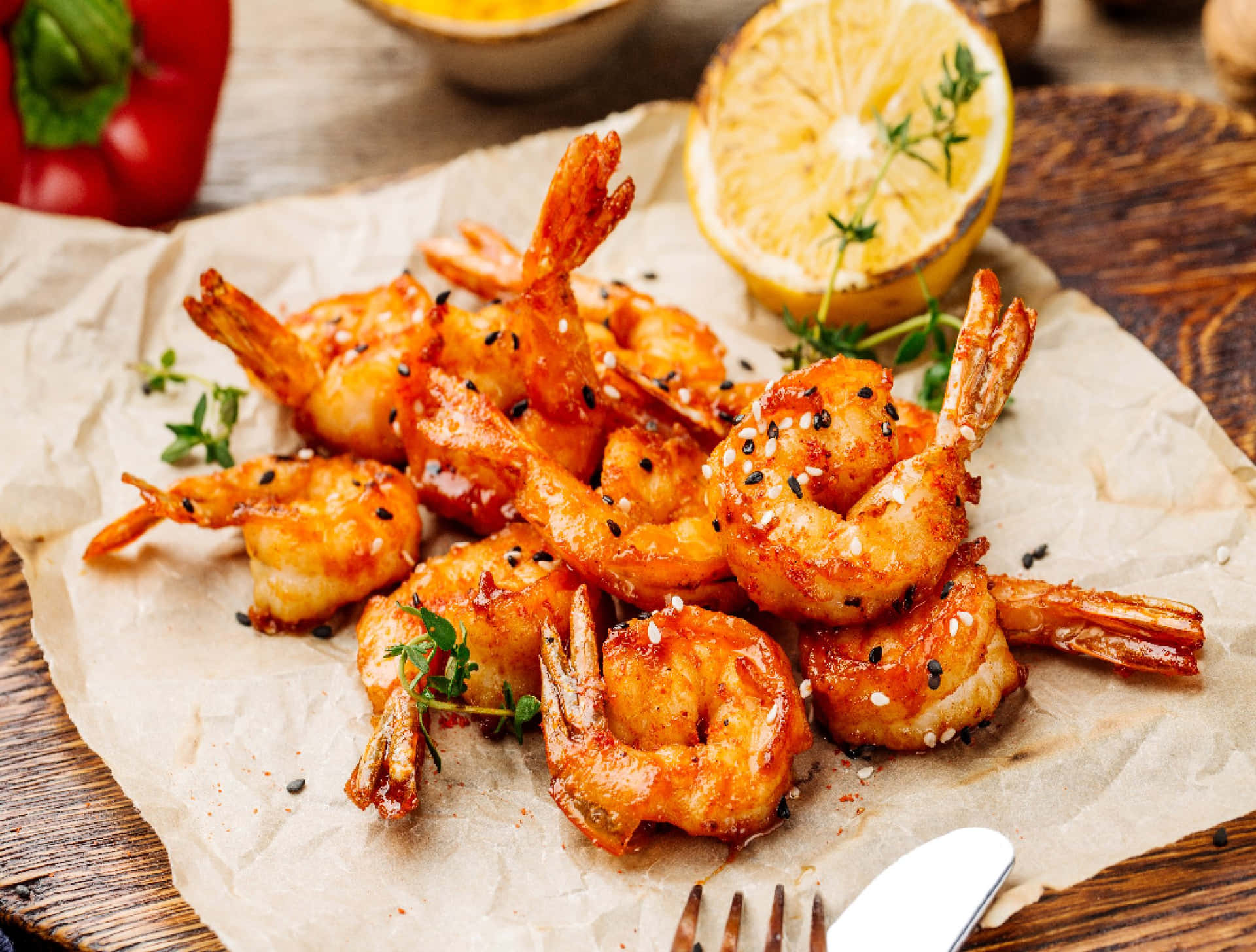 Shrimp On Wooden Board With Lemon Picture