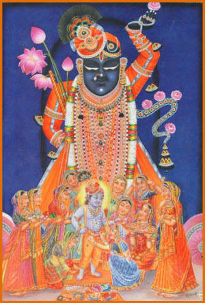 Shrinathji ser på Yamunaji orange tapet Wallpaper