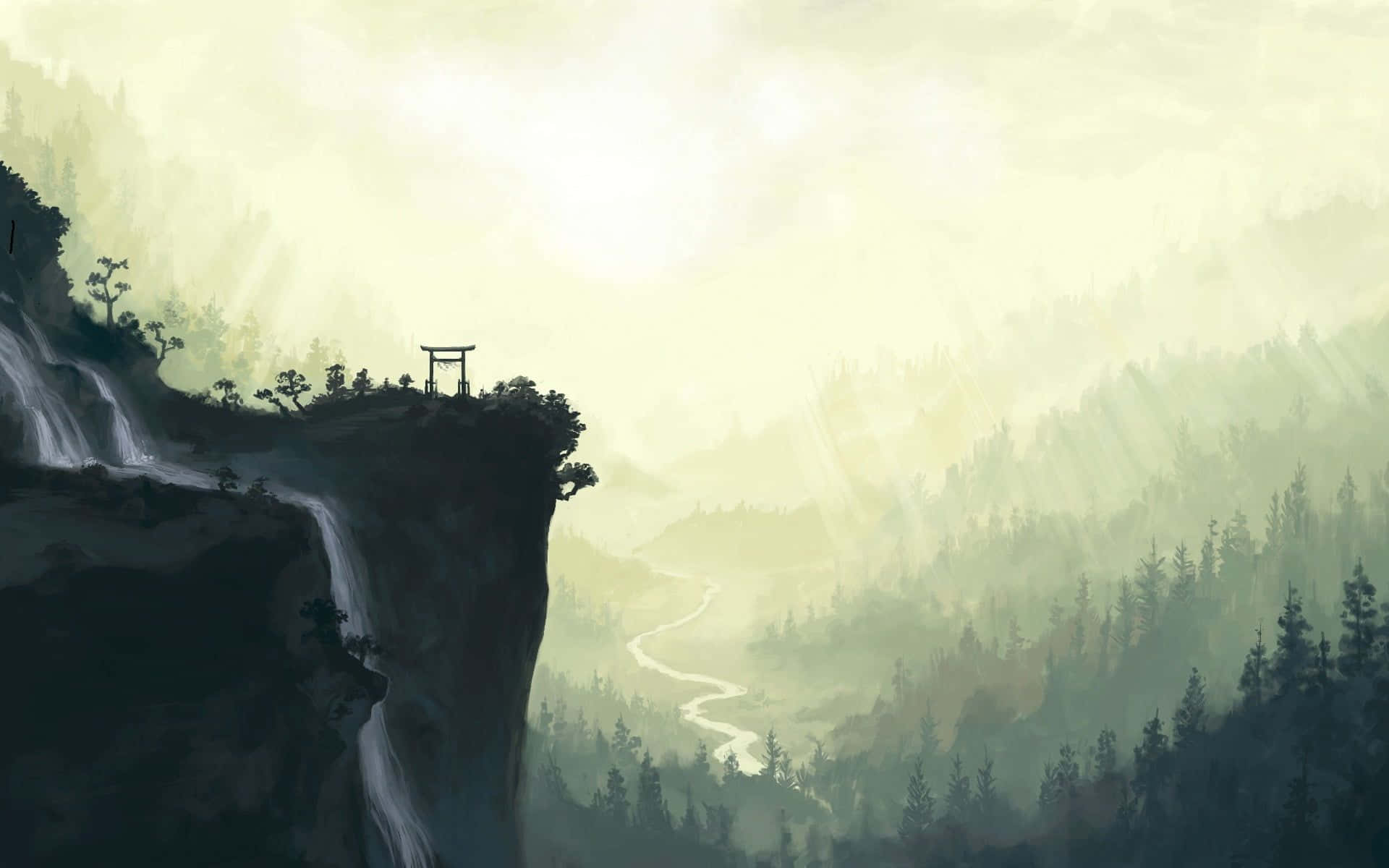 Schreinklippe Zen Tempel Wasserfall Digitales Gemälde Wallpaper