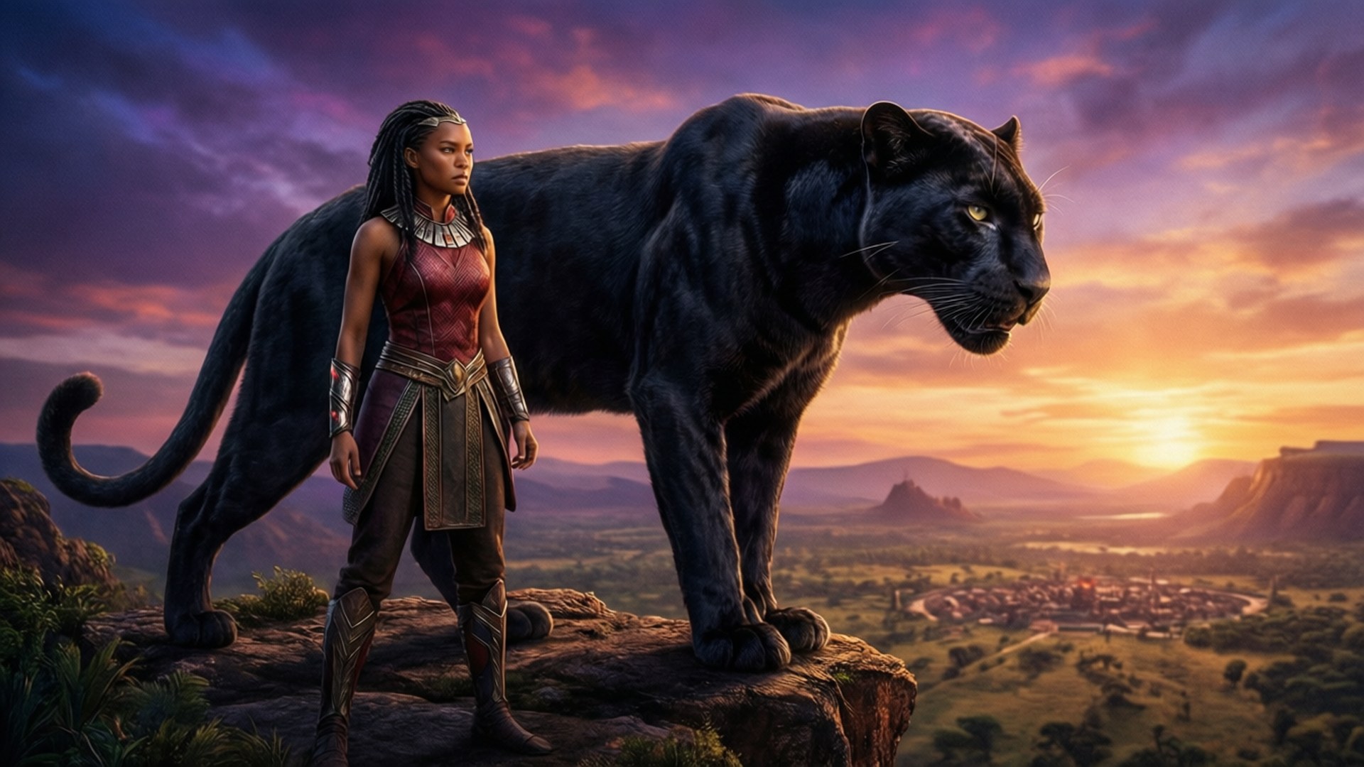 Shuri and Panther Wallpaper — A warrior woman and a black panther stand atop a cliff overlooking a valley at sunset with purple orange and gold skies.
