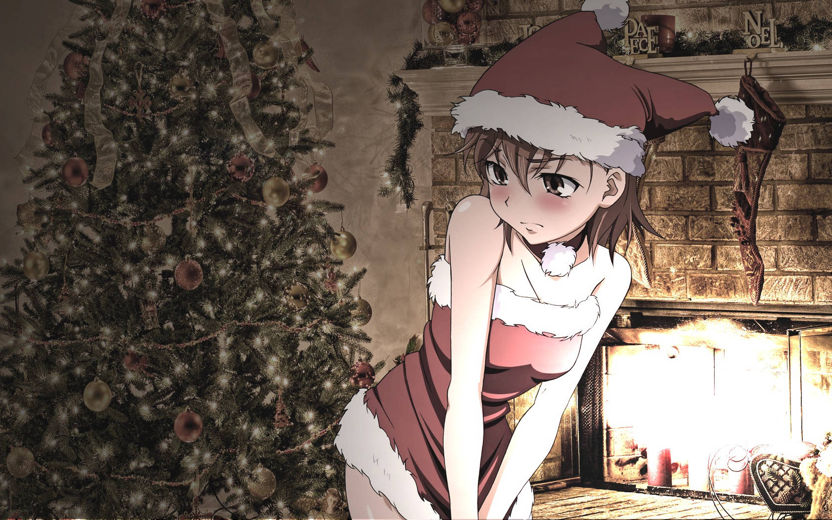 Fondode Pantalla De Una Tímida Chica De Anime En Navidad. Fondo de pantalla