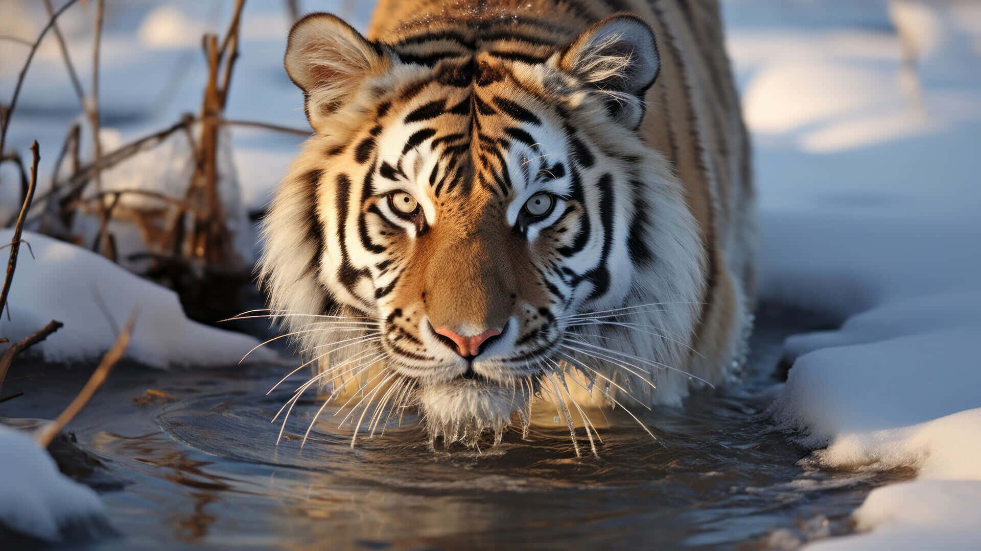 Siberian Tiger Wading Through Waterin Winter Wallpaper