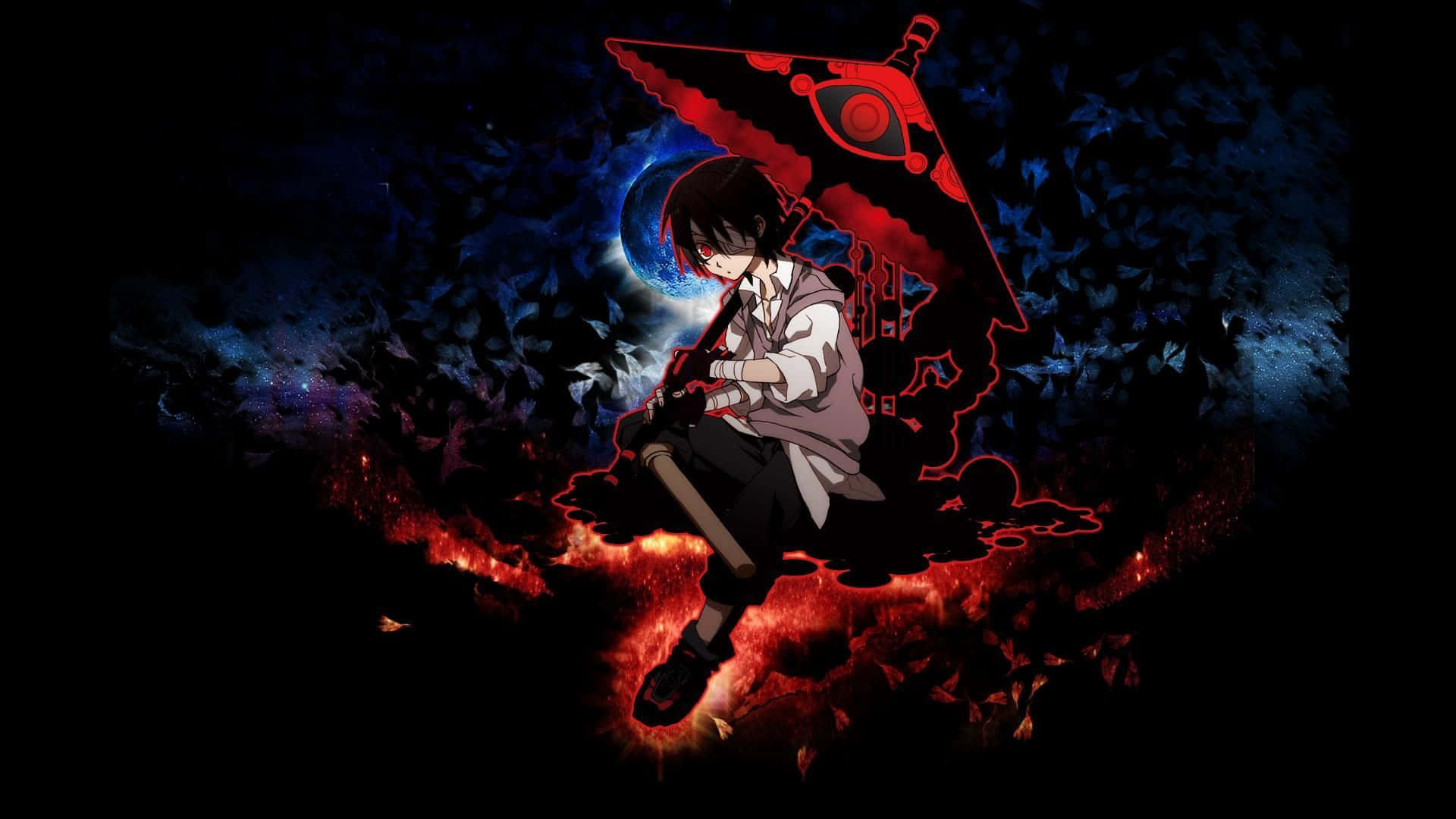 Sygdomsramt anime dreng rød og sort paraply. Wallpaper