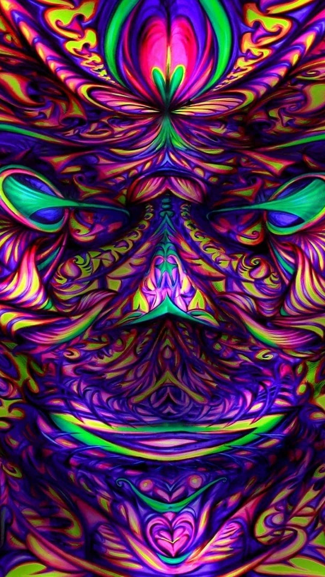 En farverig psykedelisk ansigt med en lilla og grøn baggrund Wallpaper