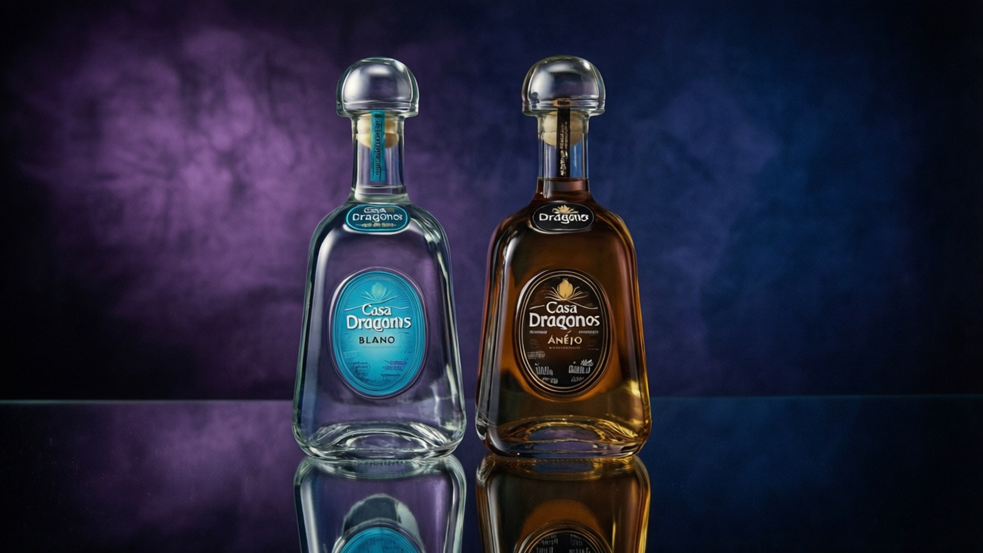 Casa Dragones Blanco and Añejo bottles reflected on mirror.