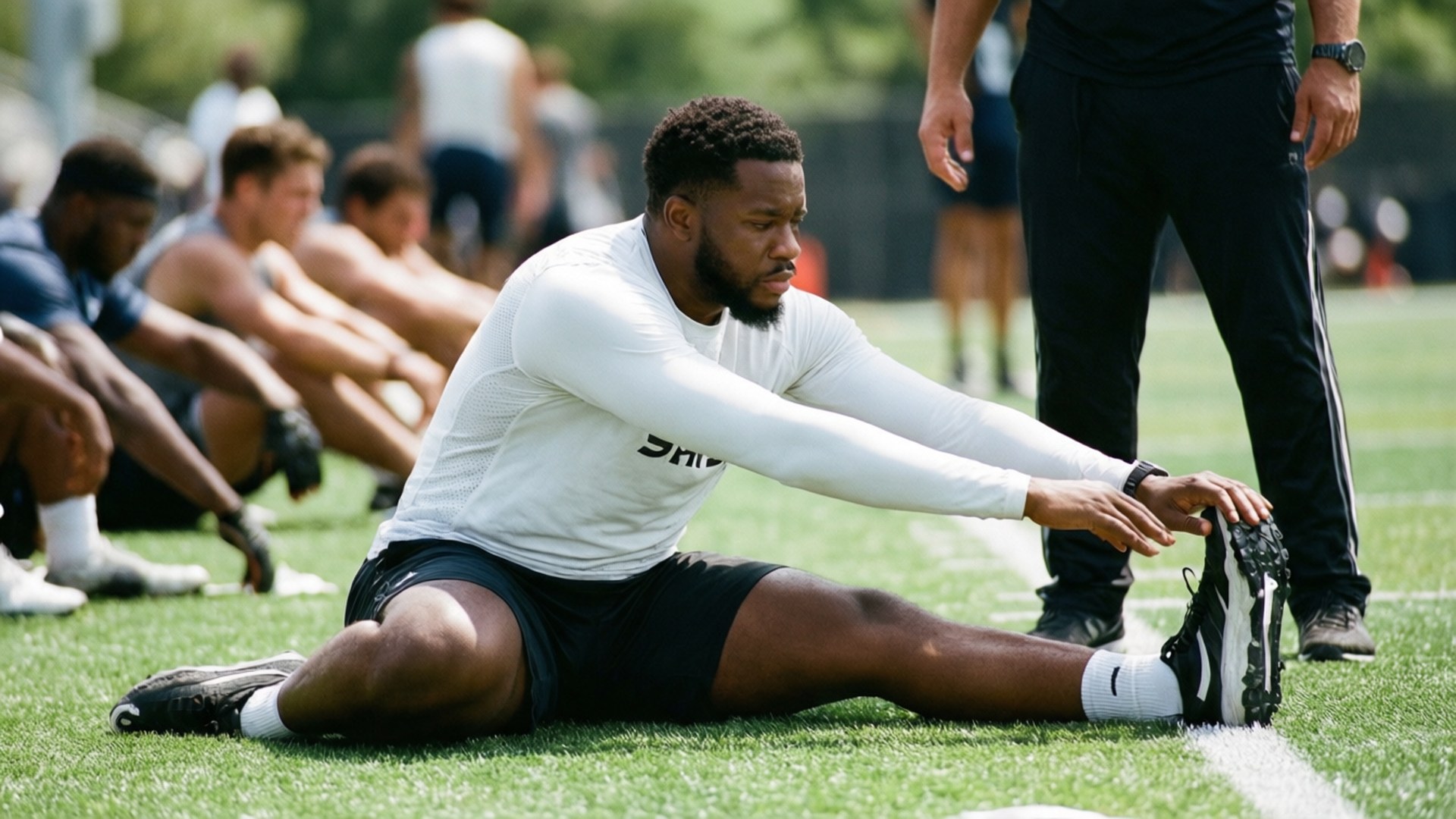 Onbewogen shot van Najee Harris op de zijlijn tijdens de training.