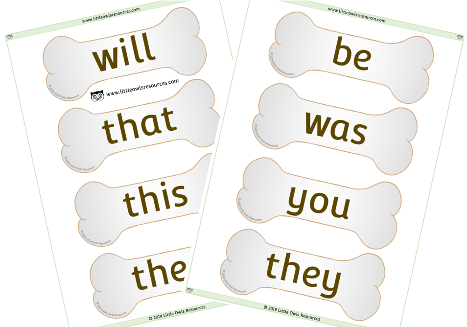 Sight Words Educational Materials PNG — Two sheets of printable bone-shaped flashcards with brown text showing words like will that this the be was you they.