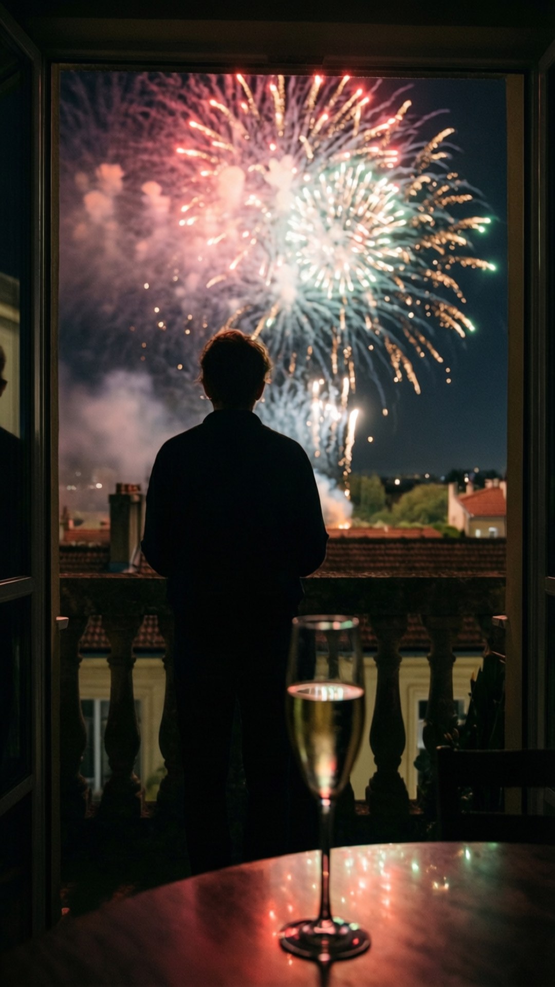 Wallpaper Person watching fireworks from balcony with champagne glass nearby.