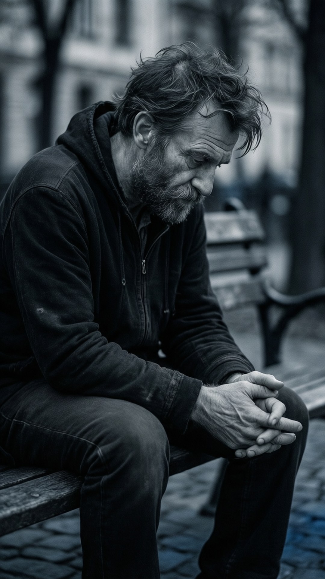 Willy Tybur sitter på en benk i stille refleksjon.