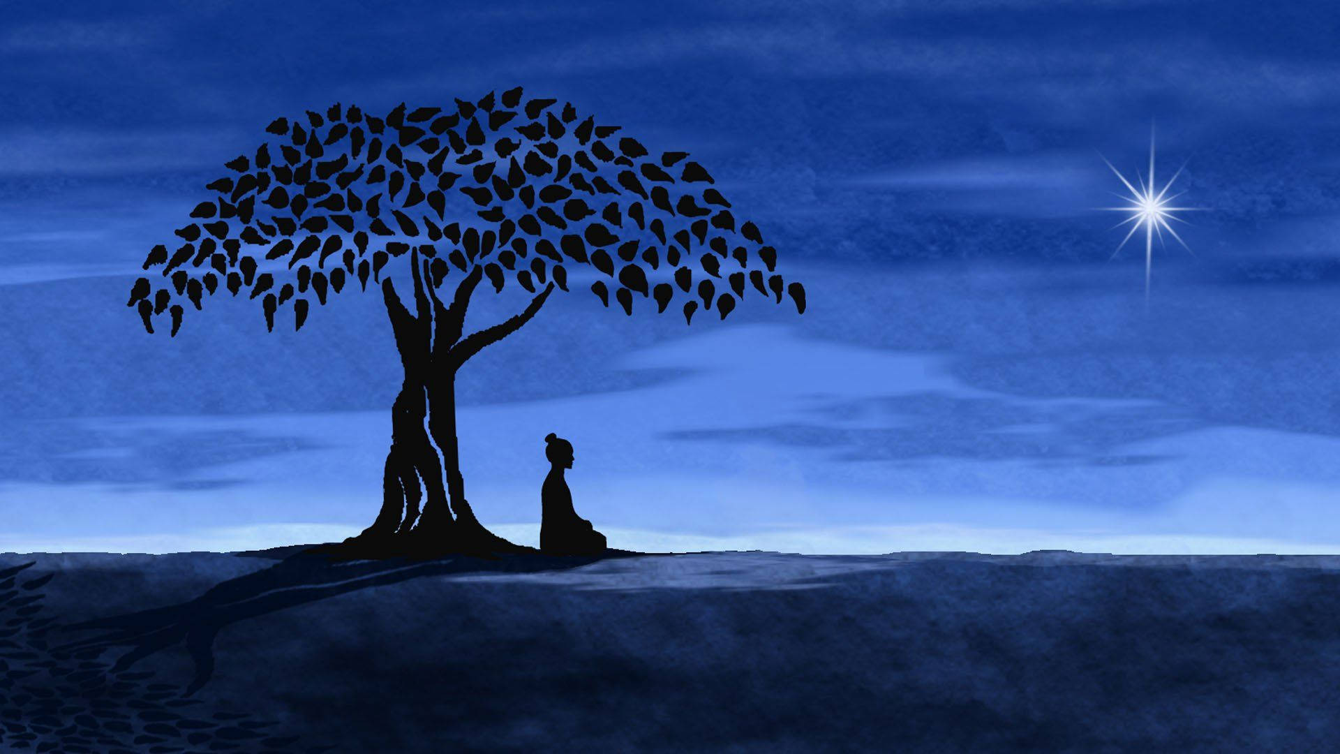 A silhouette of Buddha meditating peacefully under a tree. Wallpaper