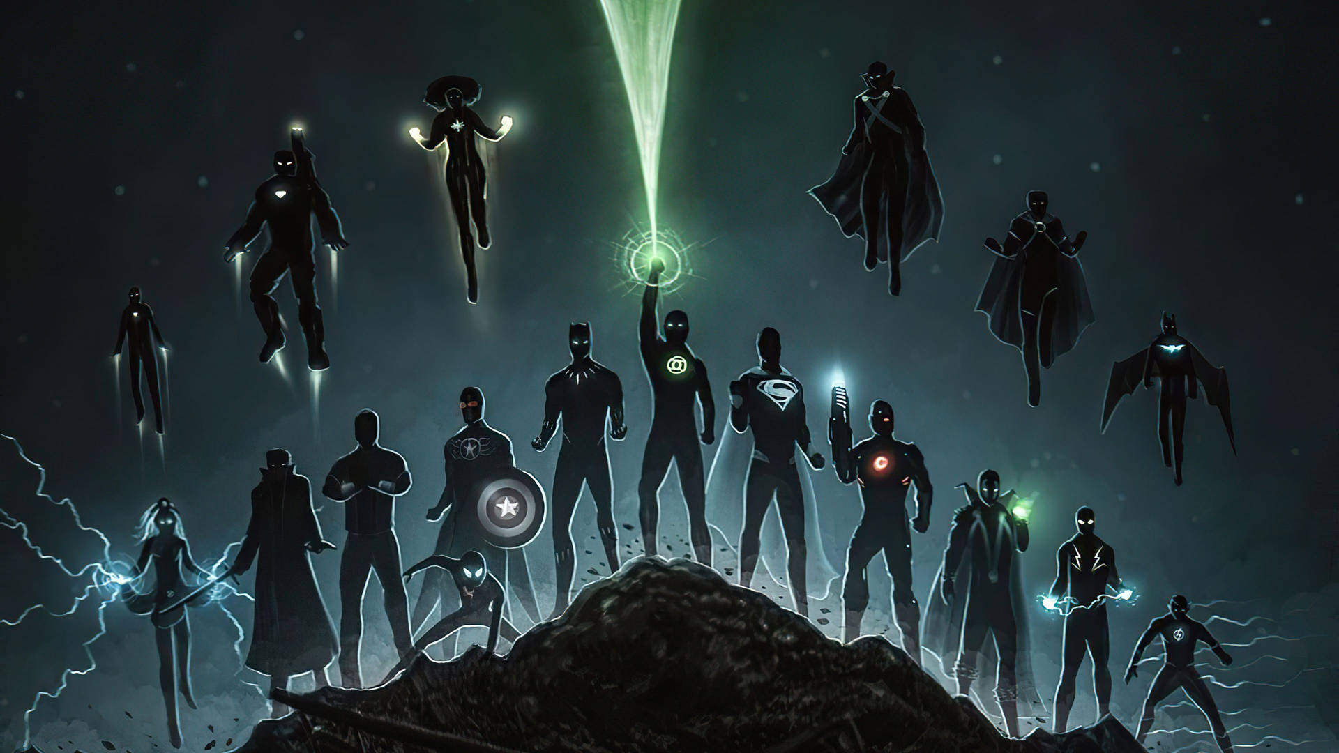 Silhuet af DC Superhelte i baggrunden. Wallpaper