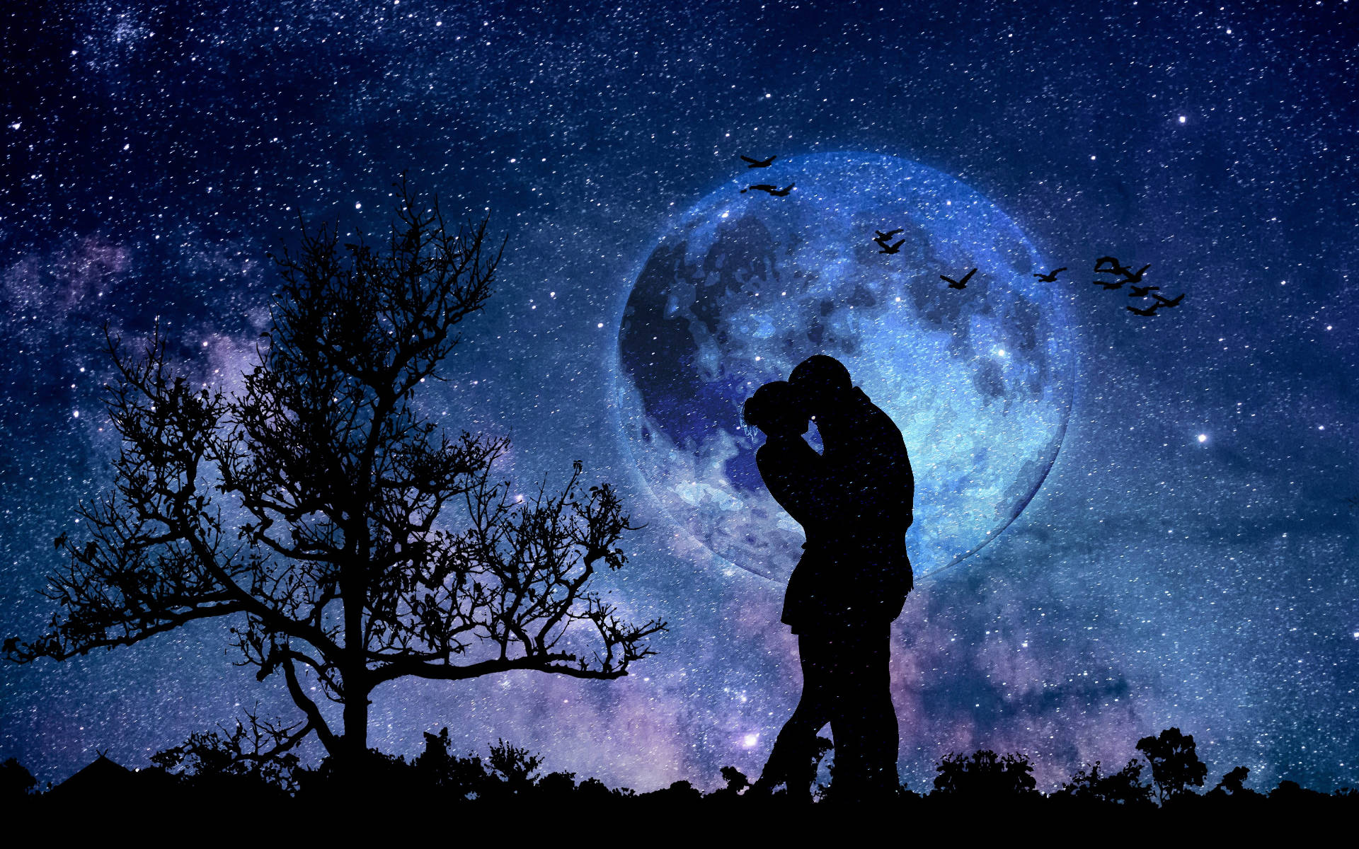 Silhouette Lovers In Galaxy Moon Wallpaper